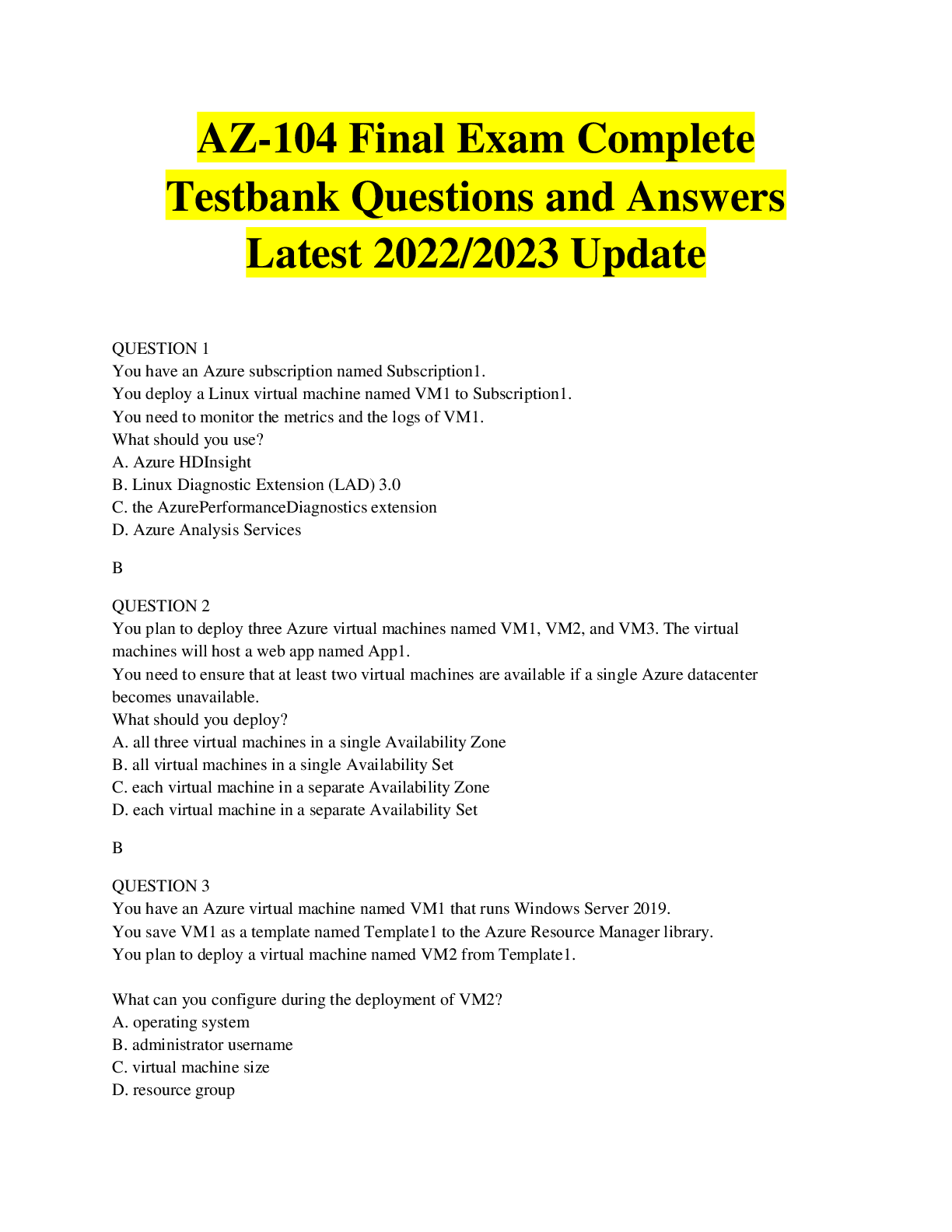 AZ104 Renewal Final Exam Complete Testbank Questions and Answers Latest 2022/2023 Update
